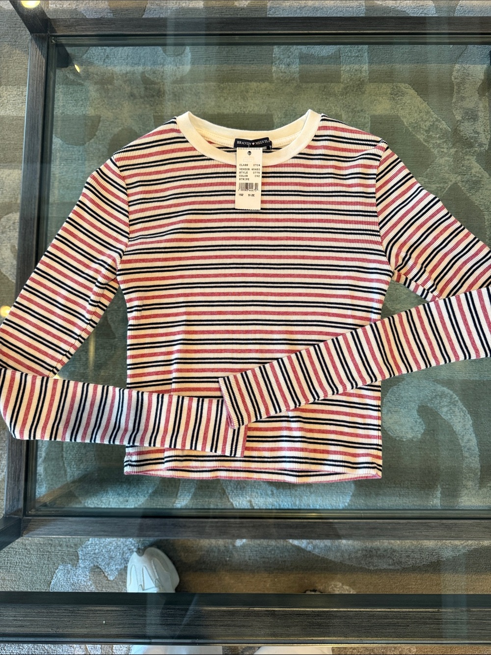 Brandy Melville Cream, Red & Navy Blue Striped Long Sleeve Tee
